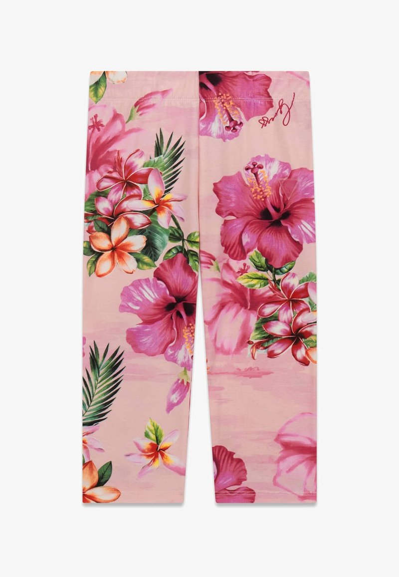 Leggings roses avec un imprimé floral tropical vif comprenant de grandes fleurs d'hibiscus et de frangipanier avec des feuilles vertes.