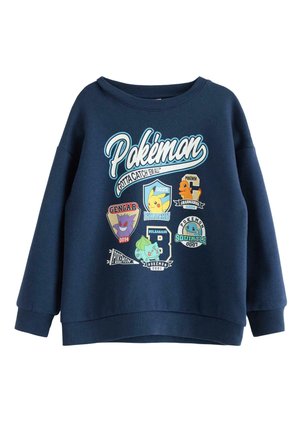 Granatowa bluza z napisem "Pokémon" i obrazami Pikachu, Charmandera, Gengara, Bulbasaura i Squirtle wraz z ich imionami i numerami.