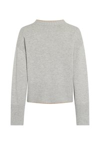 Hellgrauer Strickpullover mit langen Ärmeln, gerippten Bündchen und Saum sowie einem subtilen kontrastierenden Besatz entlang des Ausschnitts und des unteren Randes.