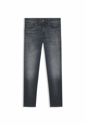 Mörkgrå denimjeans med blekta accenter, rak benstil, femficksdesign och metallknappstängning i midjan.