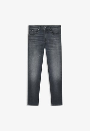 Donkergrijze denim jeans met vervaagde accenten, recht gesneden model, vijf-pocket ontwerp en metalen knoopsluiting in de taille.