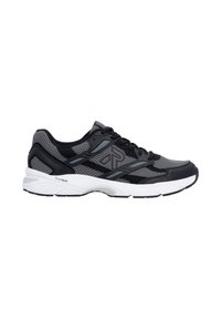 Black and gray sports shoes with a mesh upper, white midsole, and textured rubber outsole, featuring a logo and contrasting accents.