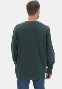 Felpa verde scuro con maniche lunghe, collo rotondo, texture morbida e vestibilità rilassata. Nessun motivo visibile o dettagli hardware.