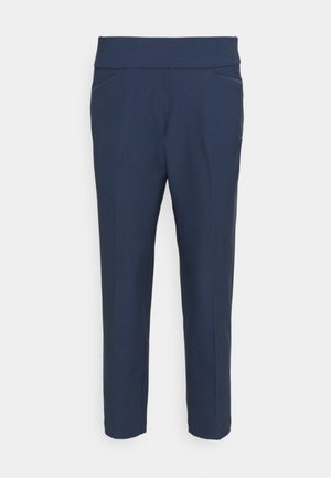 Pantalones azul marino de corte recto con cintura elástica y bolsillos laterales, mostrados sobre un fondo blanco liso.