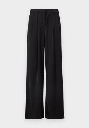 Zwarte wijde broek met plooien, een getailleerde tailleband en zijzakken. Glad stof met een strakke, onderbroken silhouet.