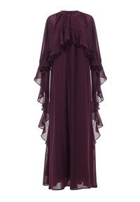 Burgunderfarbenes Kleid aus leichtem Stoff, mit geschichteten Rüscheärmeln und einer lockeren Silhouette. Rundhalsausschnitt, bodenlanges Design.