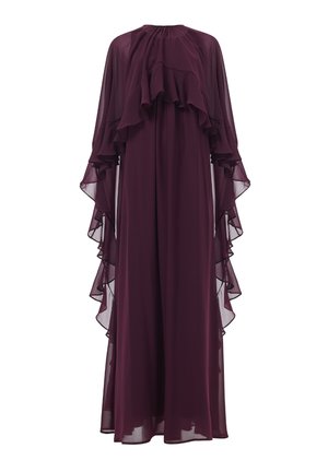 Bordeaux jurk van lichtgewicht stof, met gelaagde ruffle mouwen en een losse silhoutte. Ronde halslijn, lang ontwerp.