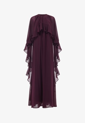 Bordeaux jurk van lichtgewicht stof, met gelaagde ruffle mouwen en een losse silhoutte. Ronde halslijn, lang ontwerp.