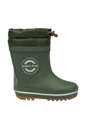 Botte en caoutchouc verte pour enfants avec semelle marron, bandes réfléchissantes, bordure en tissu et fermeture à cordon.