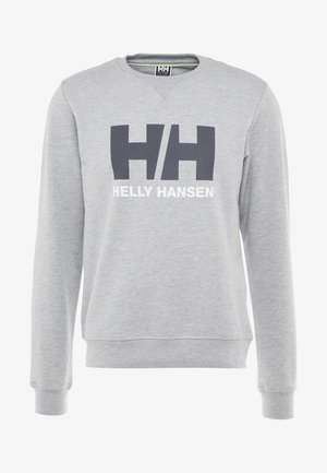 Sudadera de algodón gris con escote en V, que presenta un audaz logo "HH" en gris oscuro y el texto "HELLY HANSEN" en blanco a lo largo del pecho.