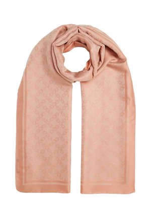 Foulard en soie rose avec un motif subtil de maillons en chaîne en répétition et une bordure étroite, soigneusement plié pour former une boucle circulaire en haut.