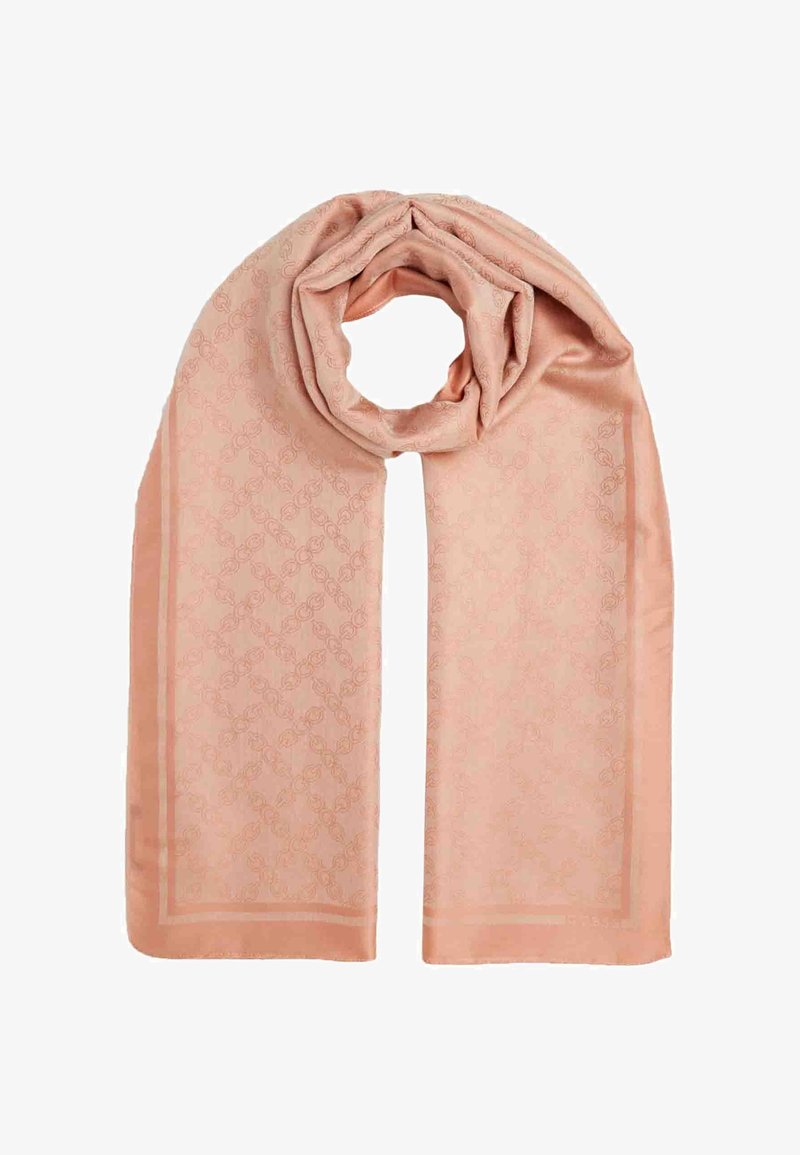 Foulard en soie rose avec un motif subtil de maillons en chaîne en répétition et une bordure étroite, soigneusement plié pour former une boucle circulaire en haut.