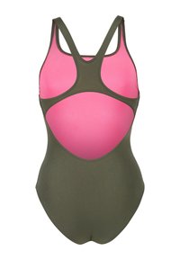 Grüner und pinkfarbener Badeanzug mit tief ausgeschnittenem Rücken, ausgestattet mit breiten Trägern und seitlichen Cut-Outs. Glattes, dehnbares Material mit Kontrastfarben.