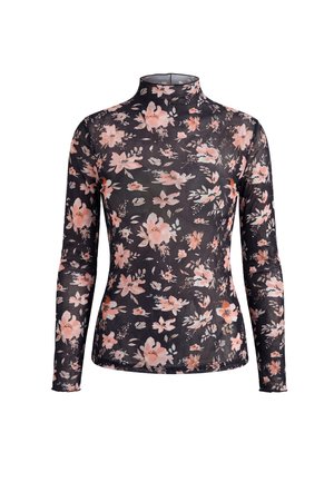 Schwarzes, enganliegendes Langarmshirt mit Rollkragen und dezentem rosa und beigem Blumenmuster.