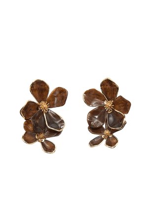 Brown floral earrings made of resin, featuring petal shapes with gold accents and a central embellishment, creating a layered look.