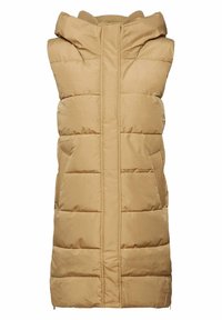 Gilet beige imbottito senza maniche con collo alto e cappuccio. Presenta tasche laterali verticali e sezioni trapuntate orizzontali. Finitura in tessuto liscia.