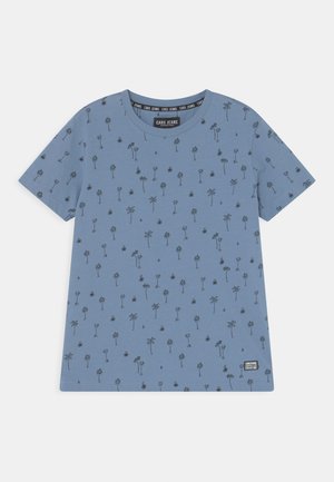 Lichtblauwe katoenen t-shirt met een herhaalde palmbomenprint in het zwart, met een ronde hals en een klein logo-label aan de zoom.