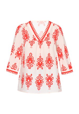 Weiße Bluse mit roten Blumenmustern, V-Ausschnitt, Dreiviertelärmel und gestreiften Bündchen. Leichter Stoff mit lockerer Passform.