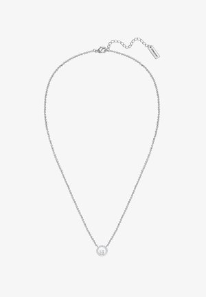 Collier en chaîne argentée avec un pendentif circulaire orné de petites pierres précieuses. Comprend un fermoir à ressort et une chaîne d'extension.