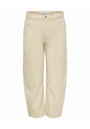 Smėlio spalvos tiesios kelnės su diržo kilpomis, priekyje užsegamos mygtuku ir užtrauktuku, su priekinėmis kišenėmis, pateiktos ant balto fono.