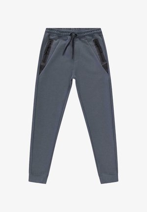 Grijze joggingbroek met een elastische tailleband, trekkoord en twee zijzakken met rits, voorzien van zwarte accenten aan de zakranden.