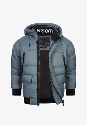 Giacca invernale imbottita blu con cappuccio, fodera interna nera, chiusura frontale con cerniera e bottoni, tasche sul petto con cerniera e polsini e orlo a coste.