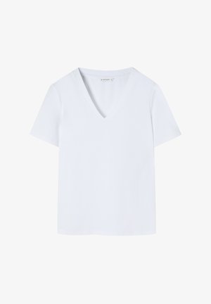 Bijela V-izrez majica od mekog, laganog materijala s kratkim rukavima i opuštenim krojem. Nema uzoraka niti metalnih dijelova.