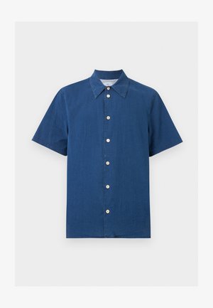 Short-sleeve, button-up blue corduroy shirt with white buttons and a pointed collar displayed on a plain background.