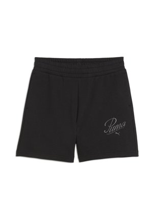 Black athletic shorts made of soft fabric, featuring an elastic waistband, side pockets, and a silver Puma logo on the front.