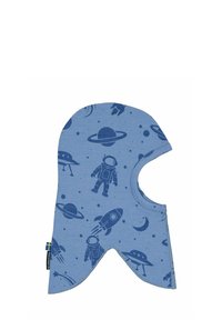 Blå bomulds hat med et rumtema print, der viser astronauter, raketter og planeter i mørkere nuancer af blå. Rund åbning til ansigtet, syede kanter.