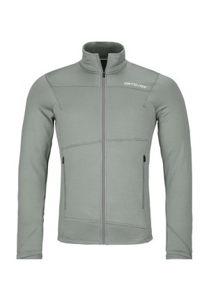 Hellgrüne Fleecejacke mit Reißverschluss, langen Ärmeln, strukturiertem Stoff und dezenten Nahtdetails. Verfügt über zwei seitliche Taschen und einen hohen Kragen.