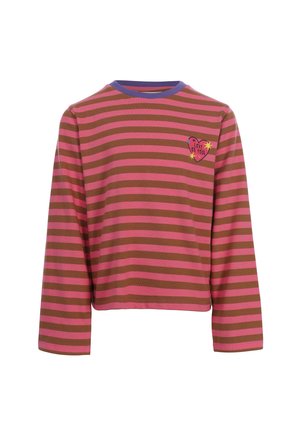 Overhemd met lange mouwen met bruine en roze horizontale strepen, paarse kraag en een hartpatch op de borst met de tekst "Love on Tour."