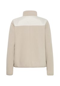Veste polaire beige à manches longues, col montant et empiècement d'épaule blanc contrastant, vue de dos sur fond blanc uni.