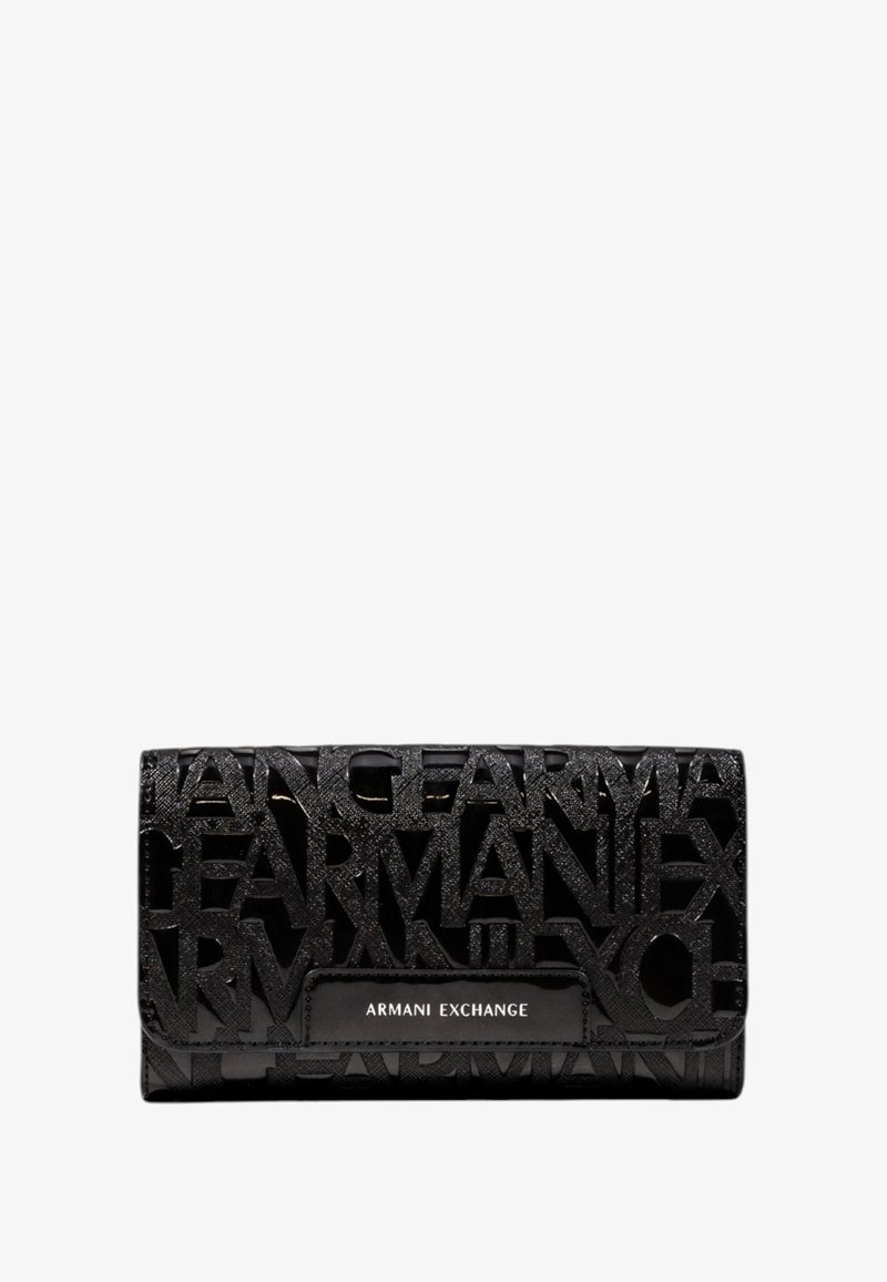 Portefeuille en cuir verni noir avec un motif logo en relief, fermeture à pression et une texture lisse. Présente une plaque de marque à l'avant.