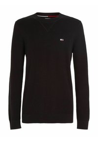Zwarte gebreide sweater met lange mouwen, ronde halslijn, geribbelde manchetten en onderrand. Bevat een klein logo-opdruk op de borst.