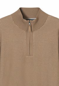 Beiger Zipkragen-Pullover mit strukturierter Strickoptik, kleinen erhabenen Punkten auf der oberen Hälfte sowie einem gerippten Kragen und Saum.
