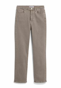 Jean droit couleur taupe avec fermeture à bouton et zip devant, passants de ceinture et design à cinq poches, posé à plat sur fond blanc.
