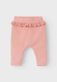 Leggings di cotone rosa con dettagli di pizzo arricciato in vita, caratterizzati da una forma aderente e polsini orlati. Morbido al tatto senza fantasie.