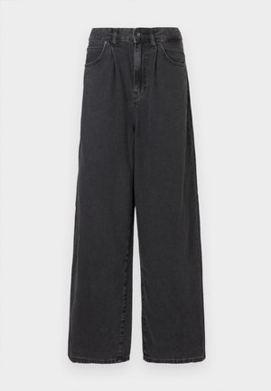 Pantalons en denim noir à taille haute, coupe large, avec une fermeture à bouton et zip à l'avant, dotés de poches latérales et d'une texture lisse.