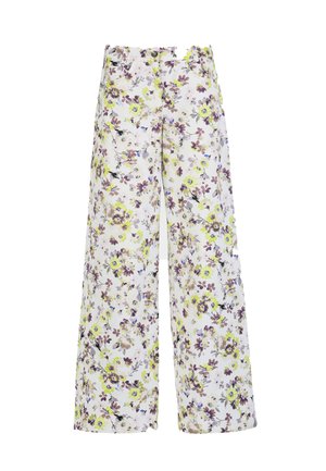 Pantaloni a gamba larga con base bianca e stampa floreale su tutta la superficie nei toni del giallo, viola e verde, con passanti per cintura e tasche frontali.