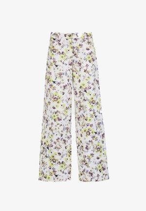 Széles szárú nadrág fehér alappal és egész felületén virágmintával, sárga, lila és zöld árnyalatokban, derékpánttal és elülső zsebekkel.
