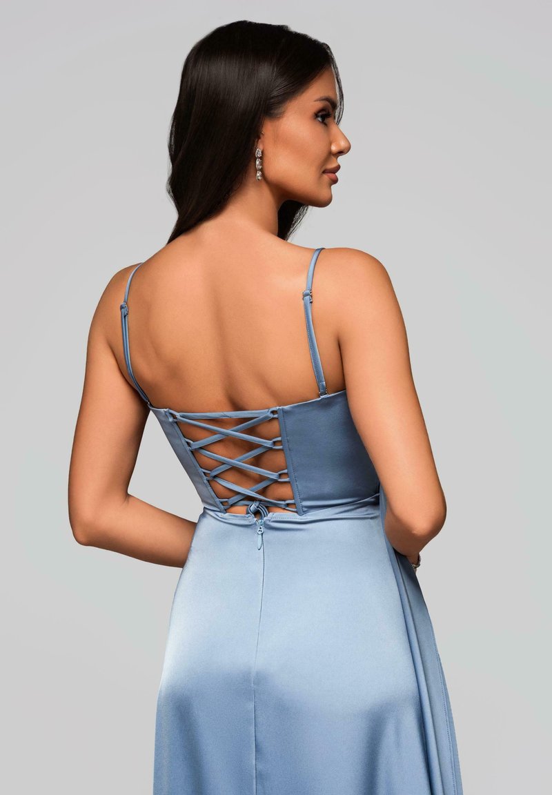 Femmes Gris Bleu Robe courte Cocktail Une ligne Bretelles Spaghetti Robe de fête avec appliques – FR