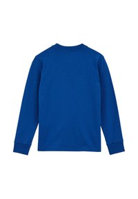 Ilgas rankovių marškinėliai ryškiai mėlynos spalvos medvilnės. Yra apvalus iškirpimas ir gumuoti rankogaliai su lygia tekstūra ir paprastu dizainu. Nėra matomų logotipų ar raštų.