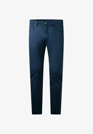 Marineblaue Hose aus glattem, gewebtem Stoff. Mit Reißverschluss, Knopfverschluss und zwei vorderen Taschen mit dezentem Nähdetail.