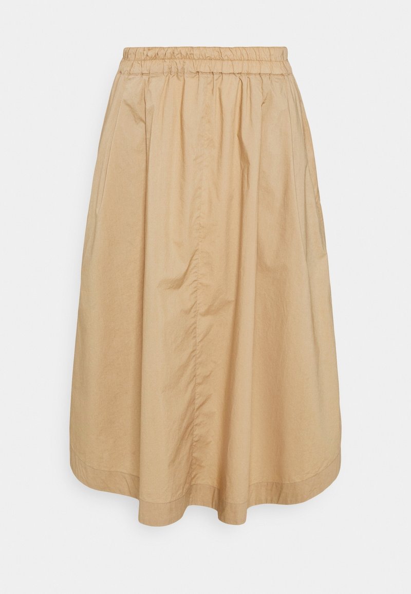 Jupe midi beige avec taille élastique, tissu froncé et légère forme trapèze, présentée sur fond blanc.