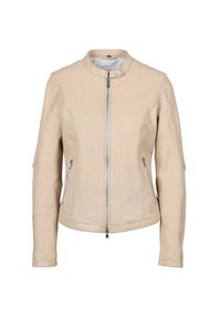 Beige Lederjacke mit rundem Kragen, Reißverschluss vorne und zwei seitlichen Reißverschlusstaschen. Glatte Textur und taillierte Passform.