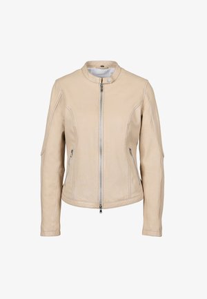 Beżowa skórzana kurtka z okrągłym dekoltem, zamek błyskawiczny z przodu oraz dwiema bocznymi kieszeniami na zamek. Gładka tekstura i dopasowany krój.
