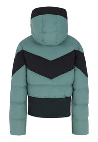 Chaqueta acolchada con un cuerpo en color teal y acentos en negro en forma de chevron, con capucha y un diseño corto. Textura suave con detalles de costura visibles.