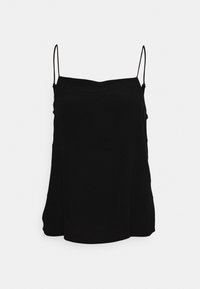 Schwarzes Trägertop mit dünnen, verstellbaren Trägern, aus glattem Stoff gefertigt, mit lockerer Passform und geradem Saum, minimalistisches Design.