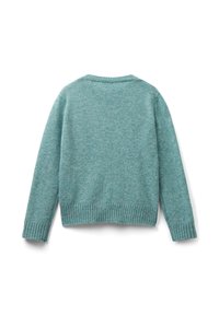 Turkusowy sweter dziany o miękkiej teksturze, z prążkowanymi mankietami i pasem, okrągłym dekoltem oraz luźnym krojem. Tylny widok pokazuje bezszwowy design.